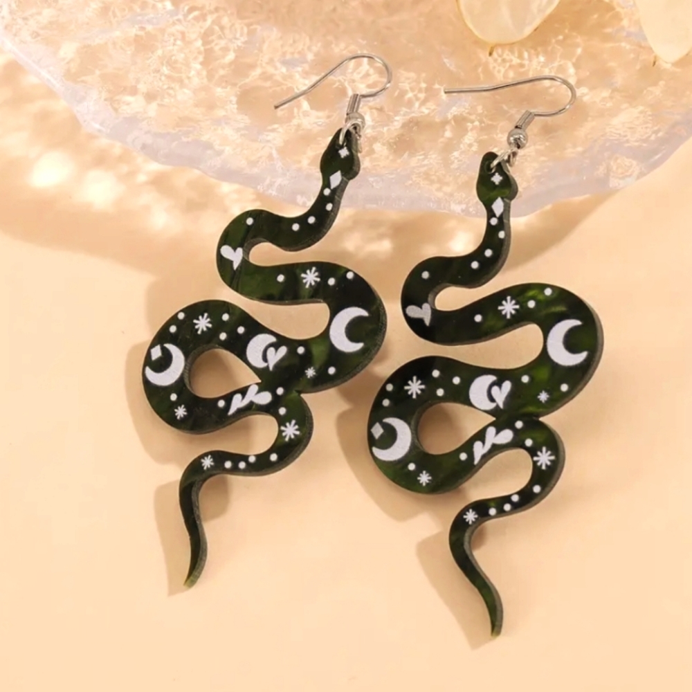 Dark Green Resin Snake & Moons Earrings